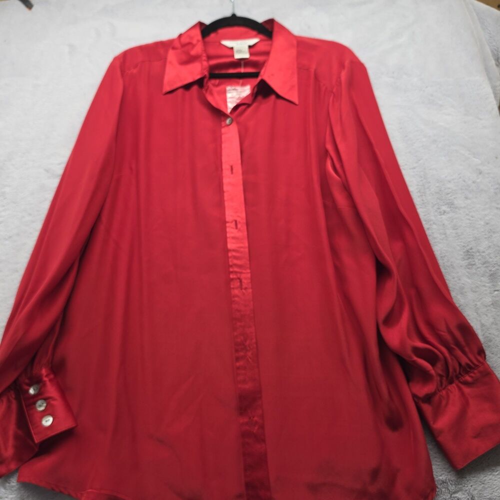 Richard Malcolm Woman Size 1X Red 100% Silk Blouse Button Down Long Sleeve